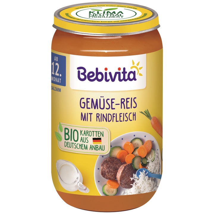 Пюре Bebivita, Био зеленчуци, ориз и телешко месо , от 12-ти месец, 250гр.