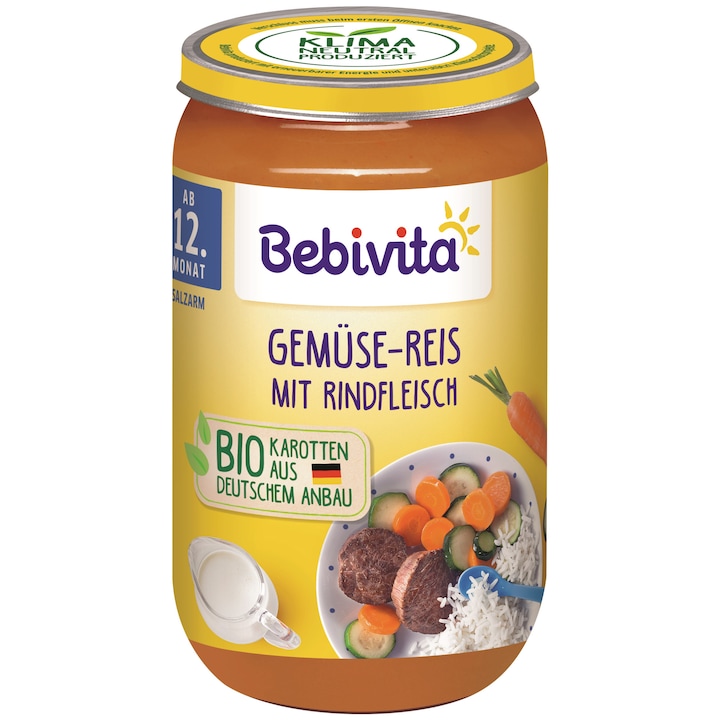 Пюре Bebivita, Био зеленчуци, ориз и телешко месо , от 12-ти месец, 250гр.
