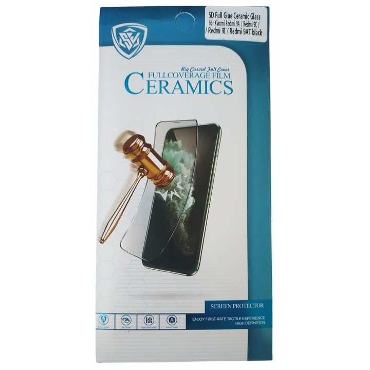 Стъклен протектор Ceramic Glass, 5D, Full glue, за Xiaomi Redmi 9A/Redmi 9C/Redmi 9i/Redmi 9AT, Безцветен/Черен
