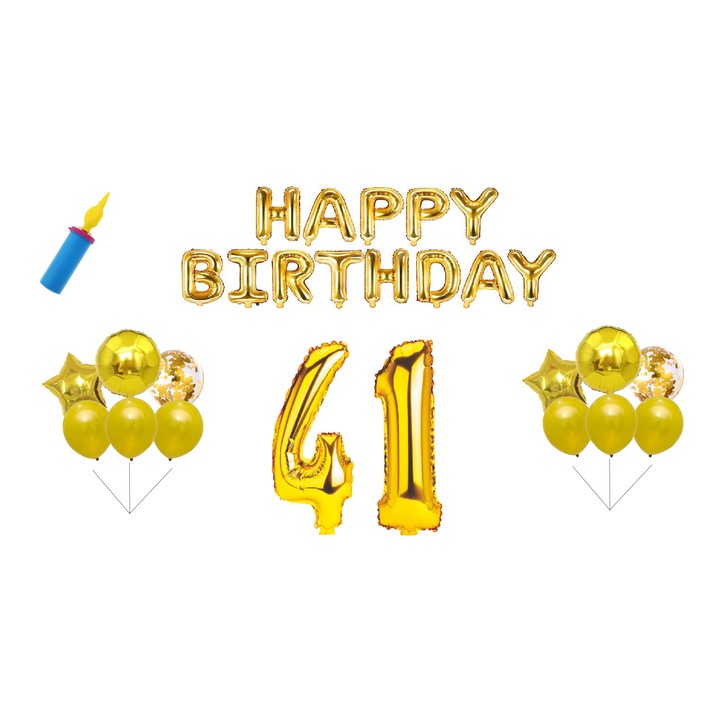 Születésnapi lufi készlet, 41 év, Boldog születésnapot, Arany, tortalap, 30db