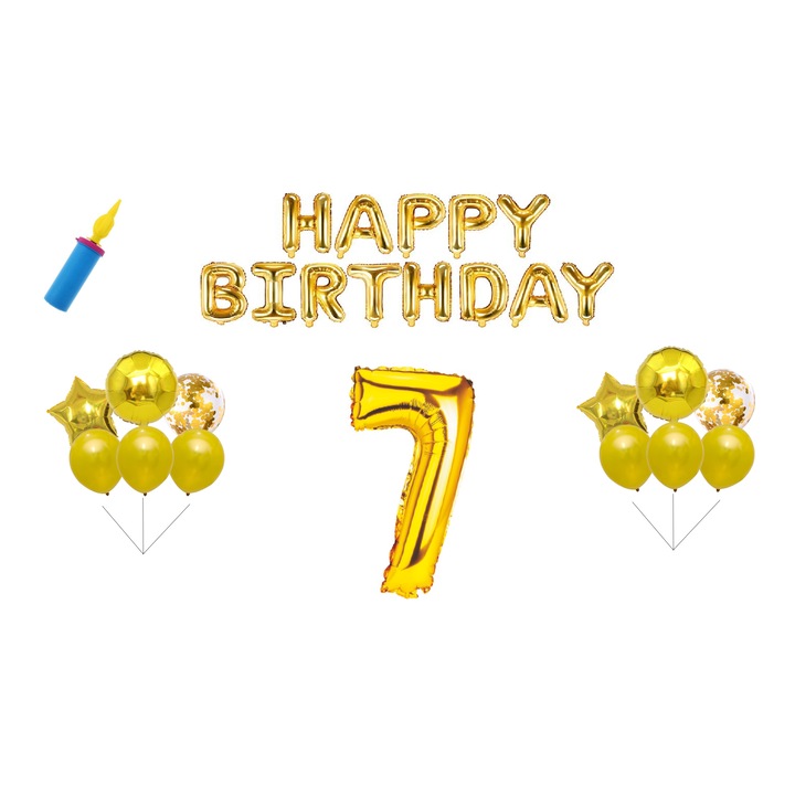 Комплект балони за рожден ден, 7 години, Честит рожден ден, злато, топер за торта, 30 бр.