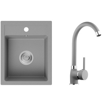Set Chiuveta de Bucatarie Granit 64x49 cm, cu Baterie 5000, cu Sifon Clasic, Riga Incorporata din Primagran, Gri Set Chiuveta de Bucatarie Granit 64x49 cm, cu Baterie 5000, cu Sifon Clasic, Riga Incorporata din Primagran, Gri