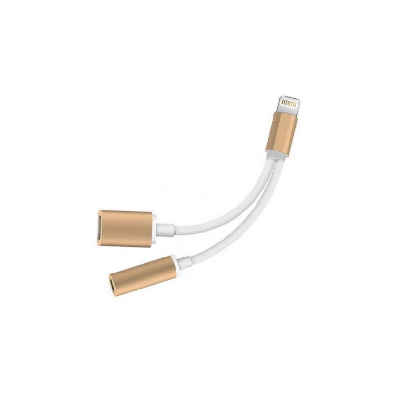 Adaptor 2in1 iPhone, iPad, 3,5 mm jack, Lighthing, Alb cu Auriu