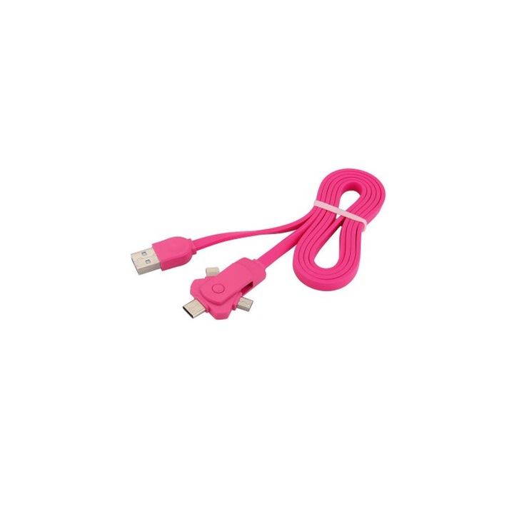 SOHO Kábel, Micro USB, Type-C, Lightning, 3 az 1-ben Forgó csatlakozó, Hosszúság 1 m, Rózsaszín