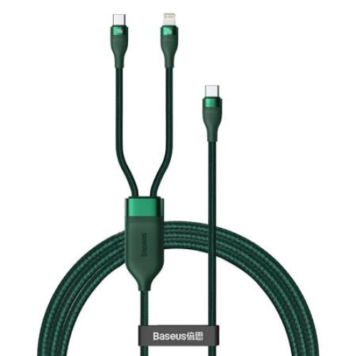 Cablu de date, Baseus 2 in 1, Flash Series, USB-C la 2 x USB-C, Quick Charge, 5A, 1,5m, 100W, 480 Mb/s, Verde, Tip snur acoperit cu nailon