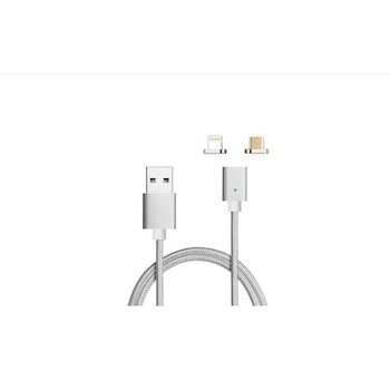Cablu 2 in 1 Micro USB, Lightning 1m, textil, Silver Cablu 2 in 1 Micro USB, Lightning 1m, textil, Silver
