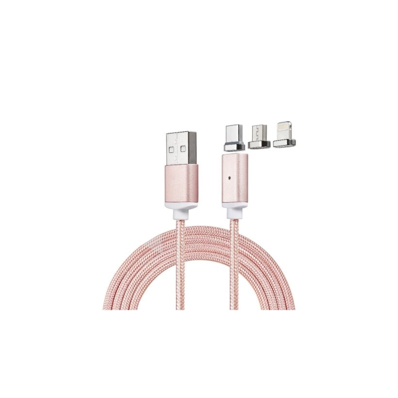 Cablu 3 in 1 Micro USB, Type-C, Lightning 1m, textil, Rose Gold