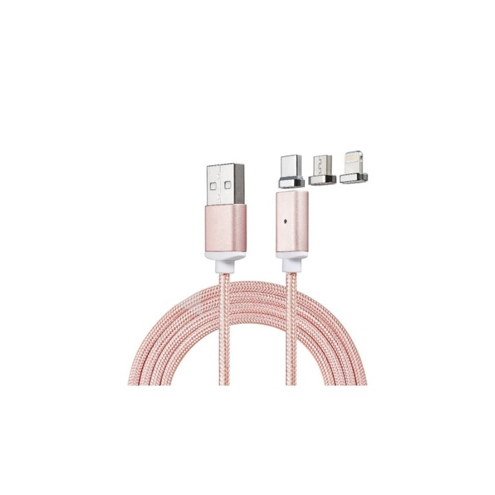 Soho Lightning 3 az 1-ben Micro USB C-típusú kábel, 1 m, textil, rózsa arany