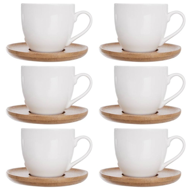 Комплект 6 чаши и чинийки Orion, Порцелан/Бамбук, 100 мл, Бял