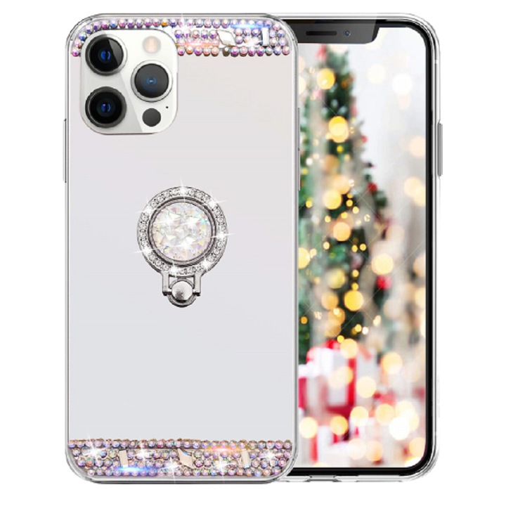 Husa silicon model Oglinda cu Inel si Pietricele pentru iPhone 13 Pro, Argintiu
