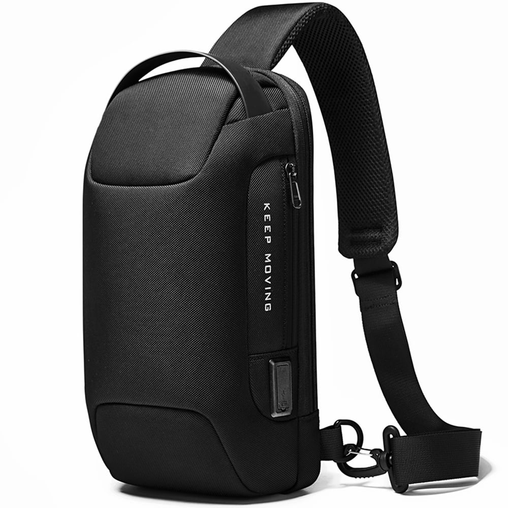 Rucsac crossbody/de umar, impermeabil, antifurt, cu port de incarcare USB, Bange, 34X18X10 cm, Negru