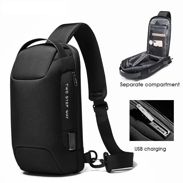 Rucsac crossbody/de umar, impermeabil, antifurt, cu port de incarcare USB, Bange, 34X18X10 cm, Negru