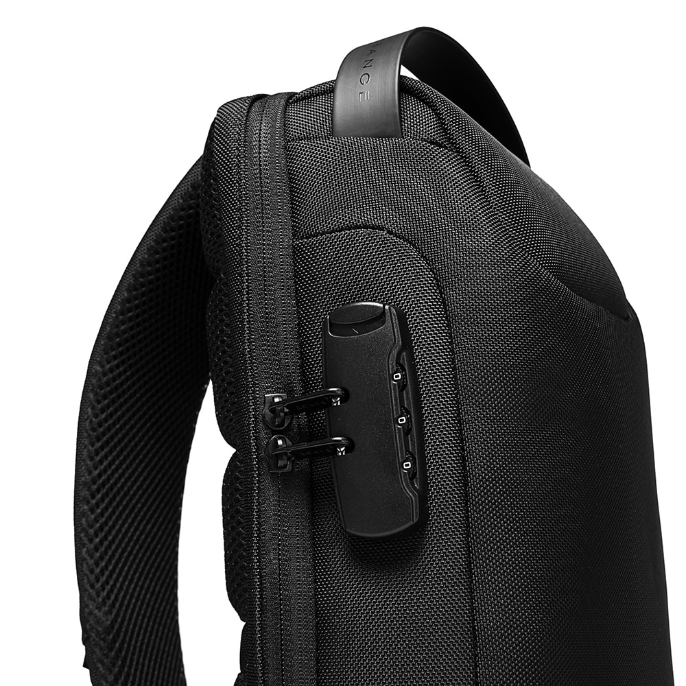 Rucsac crossbody/de umar, impermeabil, antifurt, cu port de incarcare USB, Bange, 34X18X10 cm, Negru
