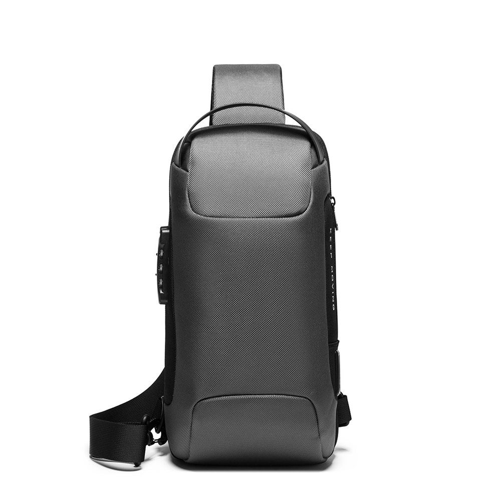 Rucsac crossbody/de umar, impermeabil, antifurt, cu port de incarcare USB, Bange, 34X18X10 cm, Gri