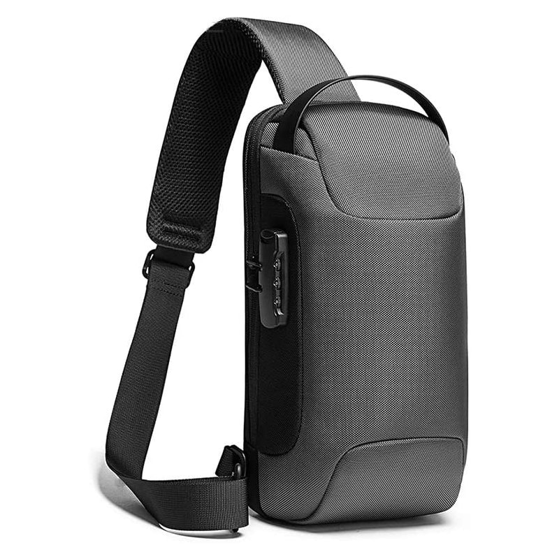 Rucsac crossbody/de umar, impermeabil, antifurt, cu port de incarcare USB, Bange, 34X18X10 cm, Gri
