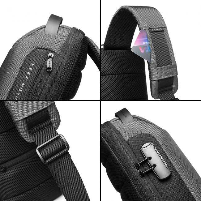 Rucsac crossbody/de umar, impermeabil, antifurt, cu port de incarcare USB, Bange, 34X18X10 cm, Gri