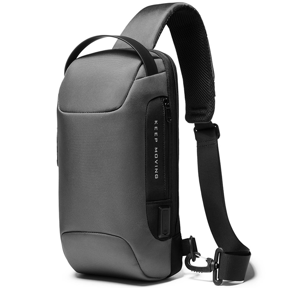 Rucsac crossbody/de umar, impermeabil, antifurt, cu port de incarcare USB, Bange, 34X18X10 cm, Gri