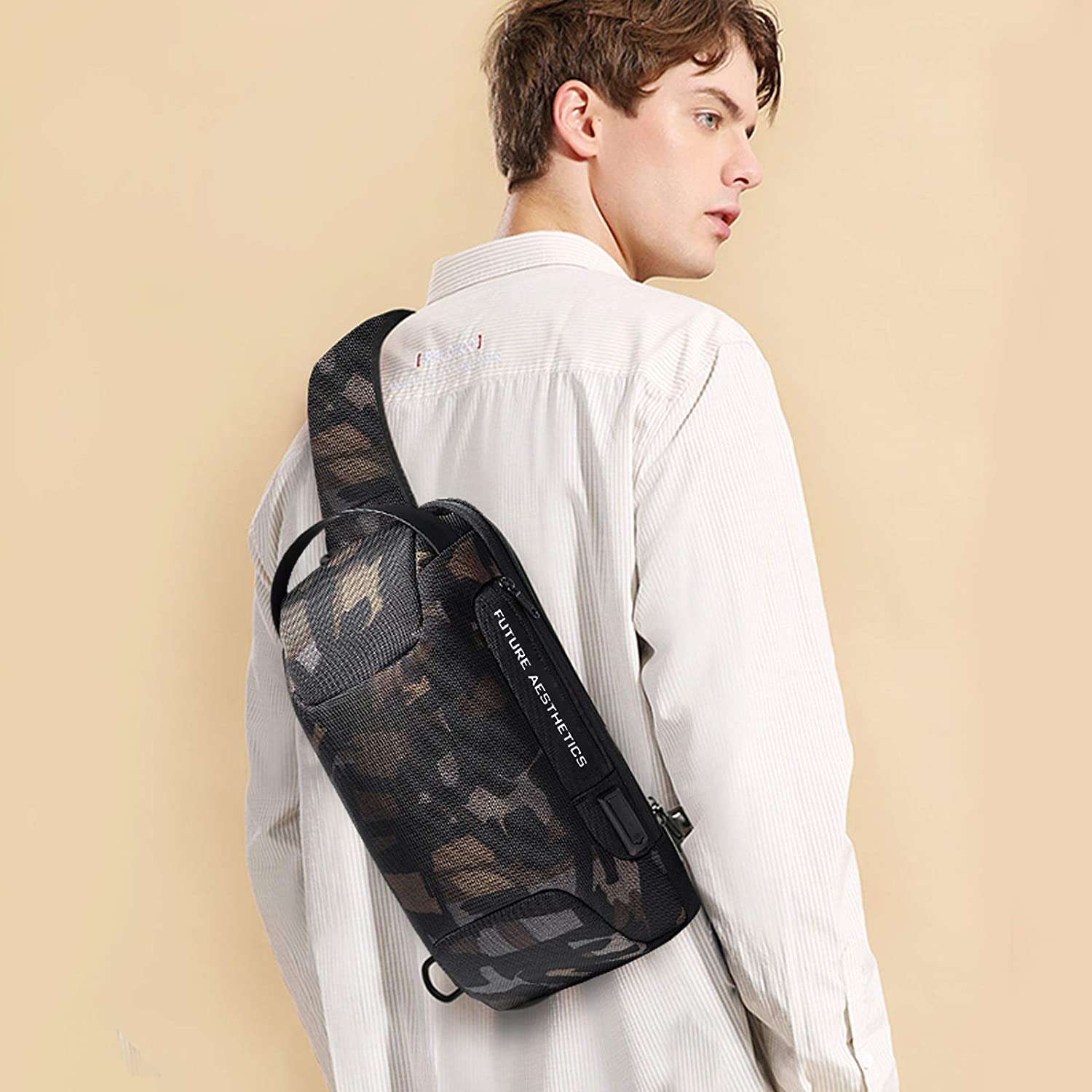Rucsac crossbody/de umar, impermeabil, antifurt, cu port de incarcare USB, Bange, 34X18X10 cm, Camuflaj