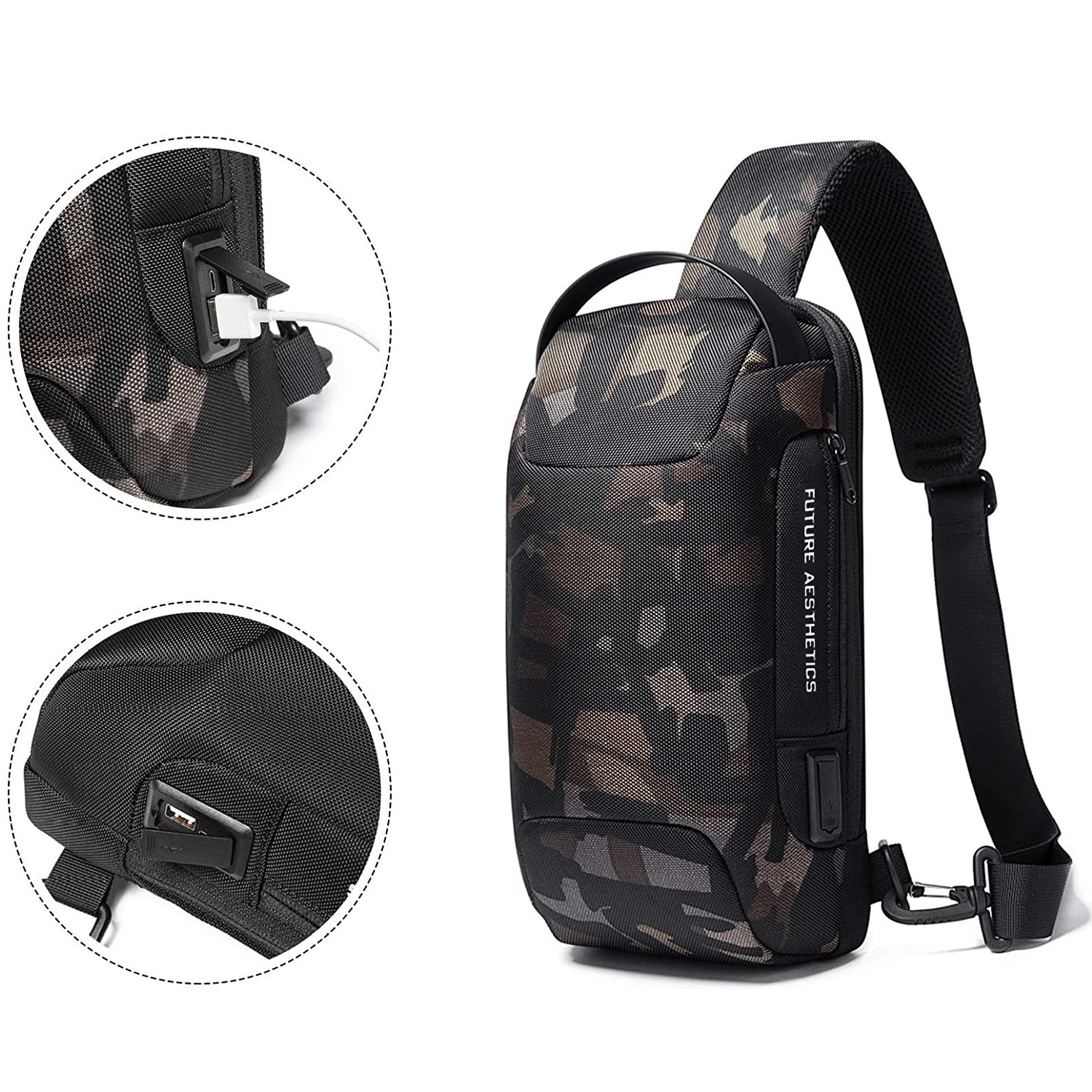 Rucsac crossbody/de umar, impermeabil, antifurt, cu port de incarcare USB, Bange, 34X18X10 cm, Camuflaj
