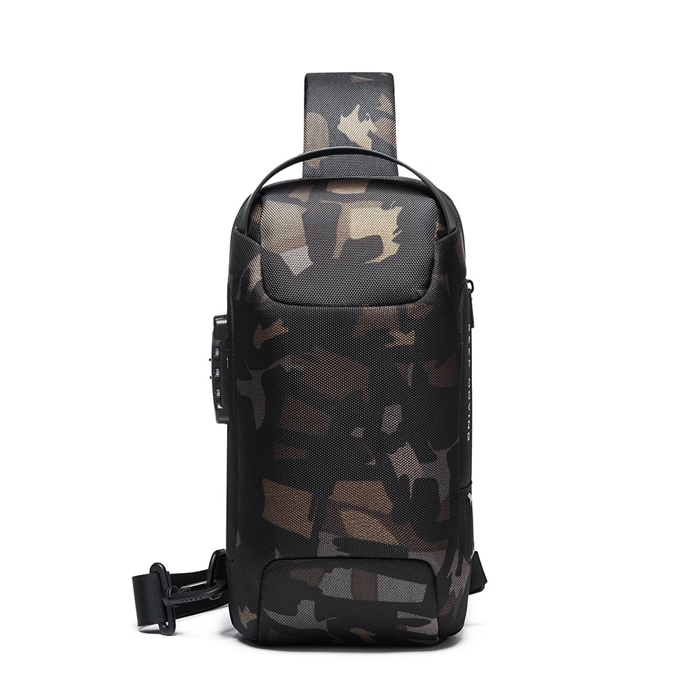 Rucsac crossbody/de umar, impermeabil, antifurt, cu port de incarcare USB, Bange, 34X18X10 cm, Camuflaj
