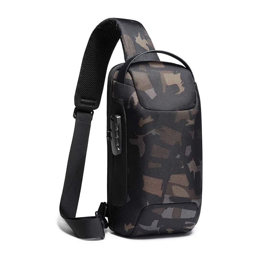 Rucsac crossbody/de umar, impermeabil, antifurt, cu port de incarcare USB, Bange, 34X18X10 cm, Camuflaj