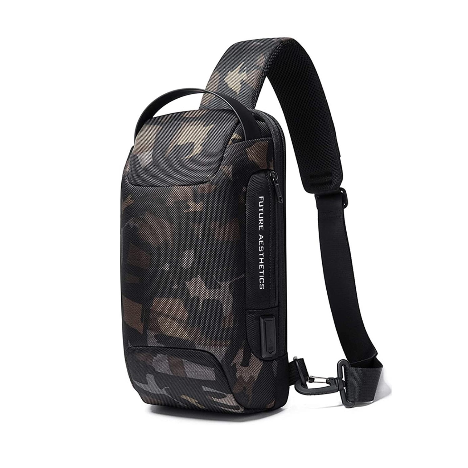 Rucsac crossbody/de umar, impermeabil, antifurt, cu port de incarcare USB, Bange, 34X18X10 cm, Camuflaj