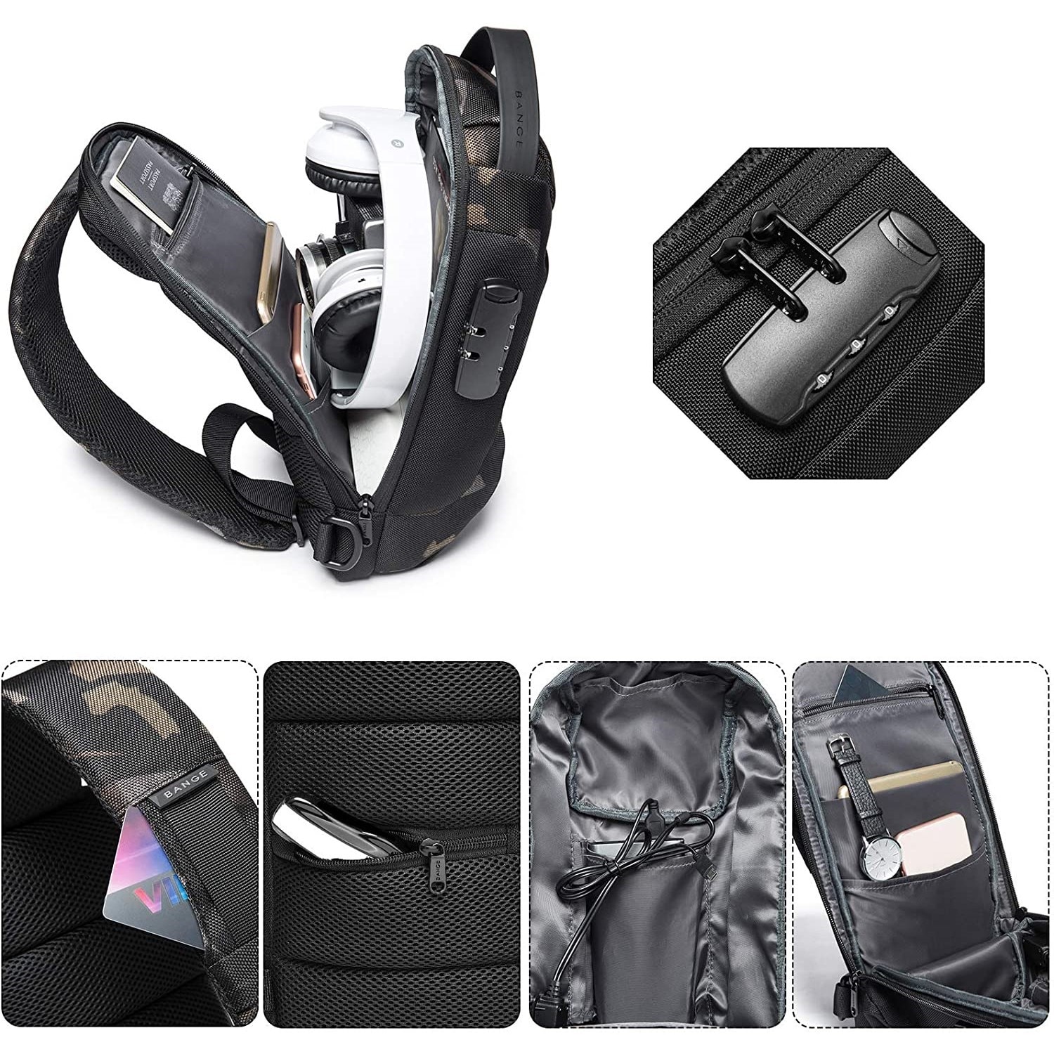 Rucsac crossbody/de umar, impermeabil, antifurt, cu port de incarcare USB, Bange, 34X18X10 cm, Camuflaj