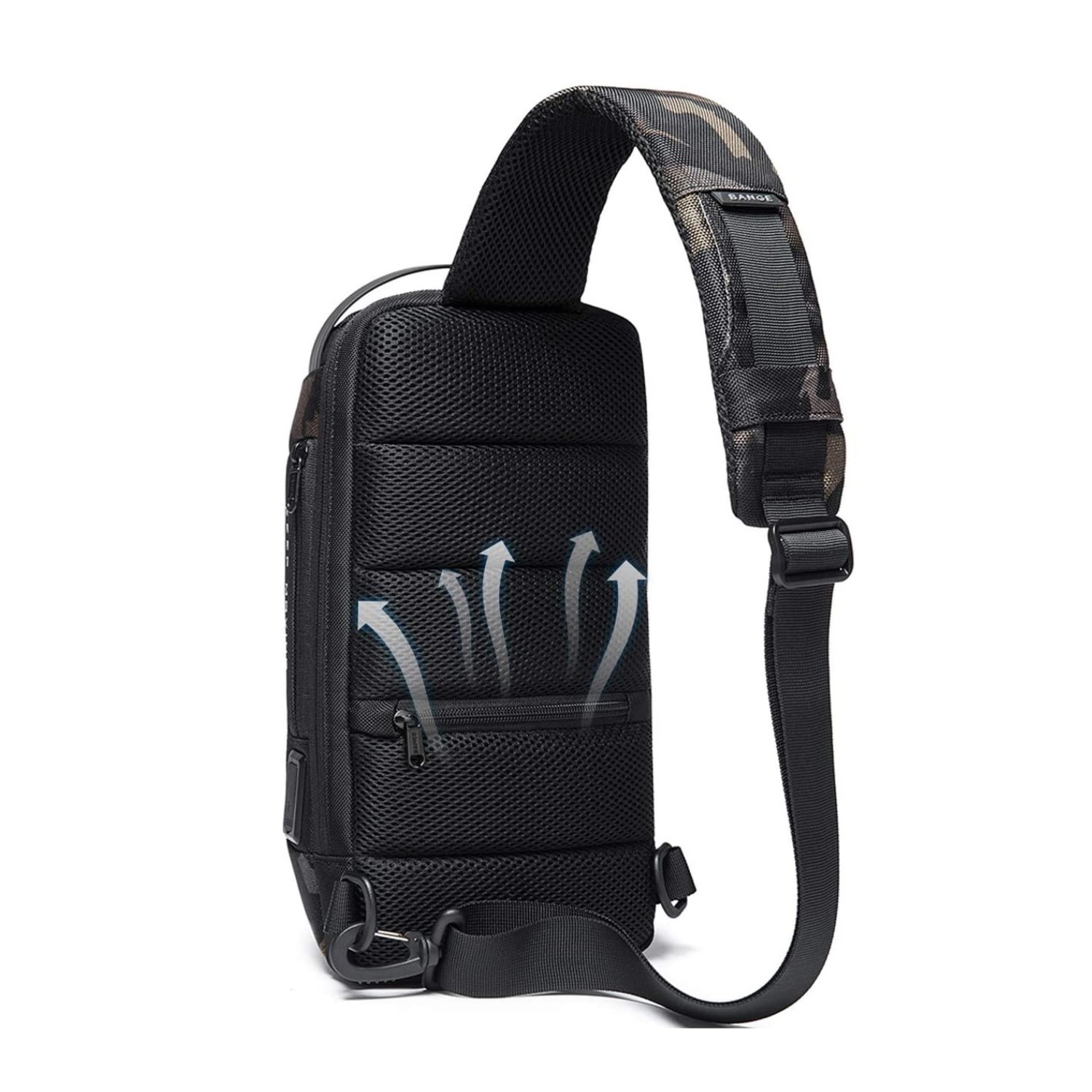 Rucsac crossbody/de umar, impermeabil, antifurt, cu port de incarcare USB, Bange, 34X18X10 cm, Camuflaj