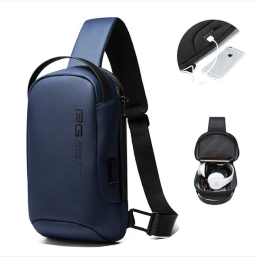 Rucsac crossbody/de umar, multifunctional, cu port de incarcare USB, Bange, Albastru