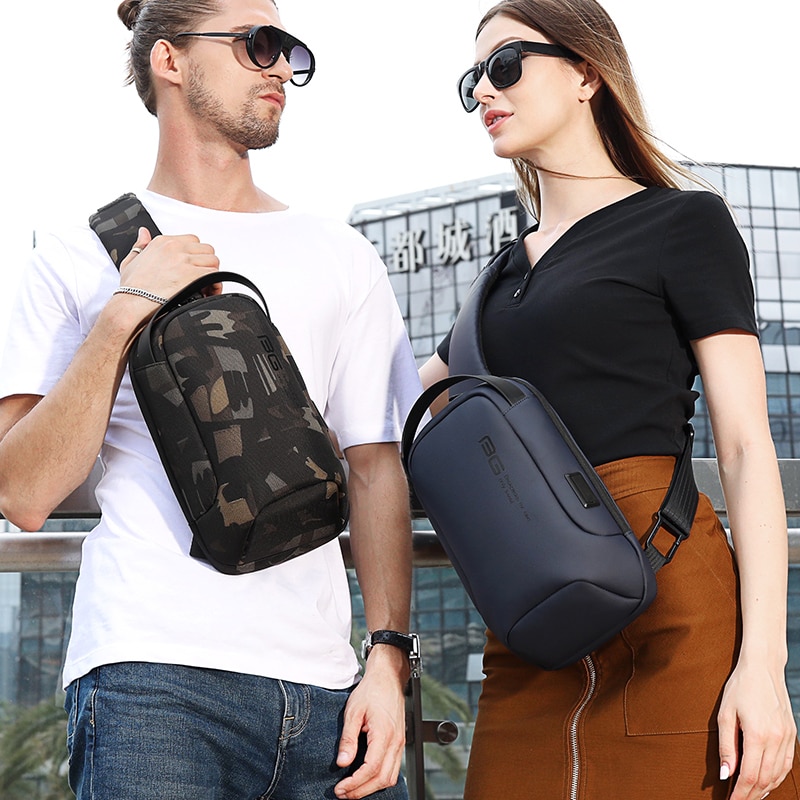 Rucsac crossbody/de umar, multifunctional, cu port de incarcare USB, Bange, Camuflaj