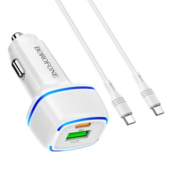 Incarcator auto Borofone - BZ14A DUAL PORT USB-C / USB PD 20W QC 3.0 Cablu TYP-C TYP-C - Alb