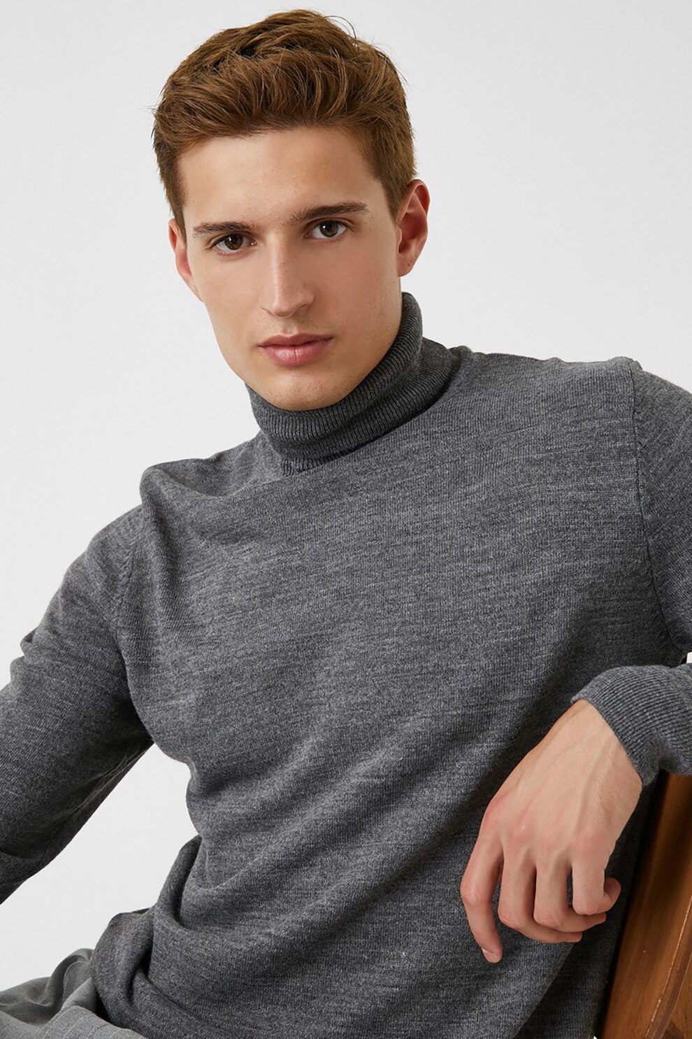 KOTON, Pulover tricotat fin cu guler inalt, Gri inchis melange, S