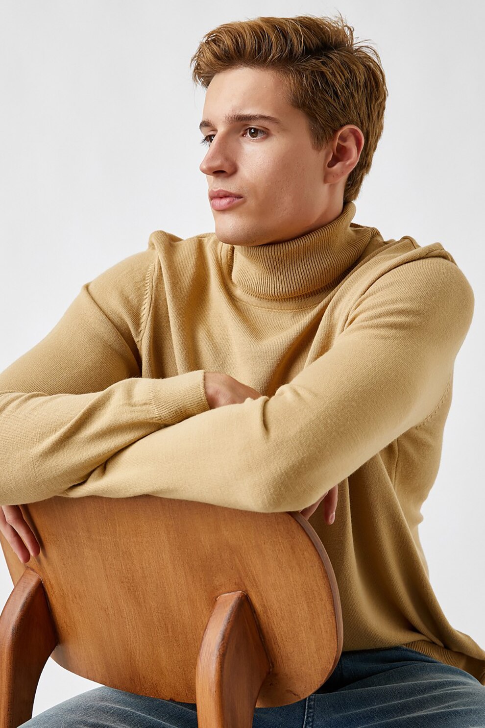 KOTON, Pulover tricotat fin cu guler inalt, Maro camel, S