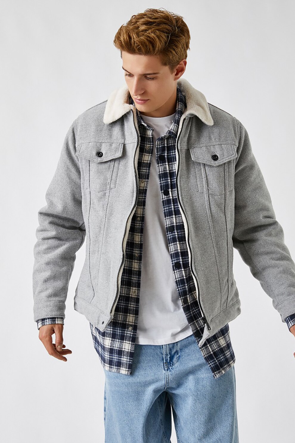 KOTON, Jacheta cu captuseala din blana sherpa sintetica, Gri