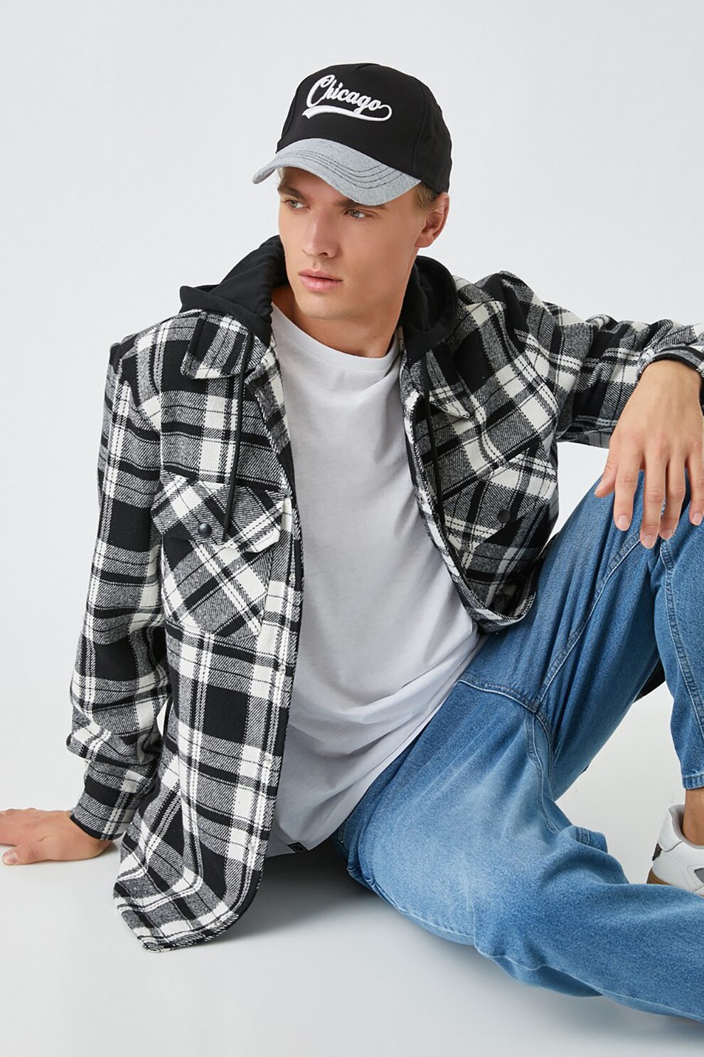 KOTON, Jacheta camasa cu model in carouri si buzunare pe piept, Negru/Alb