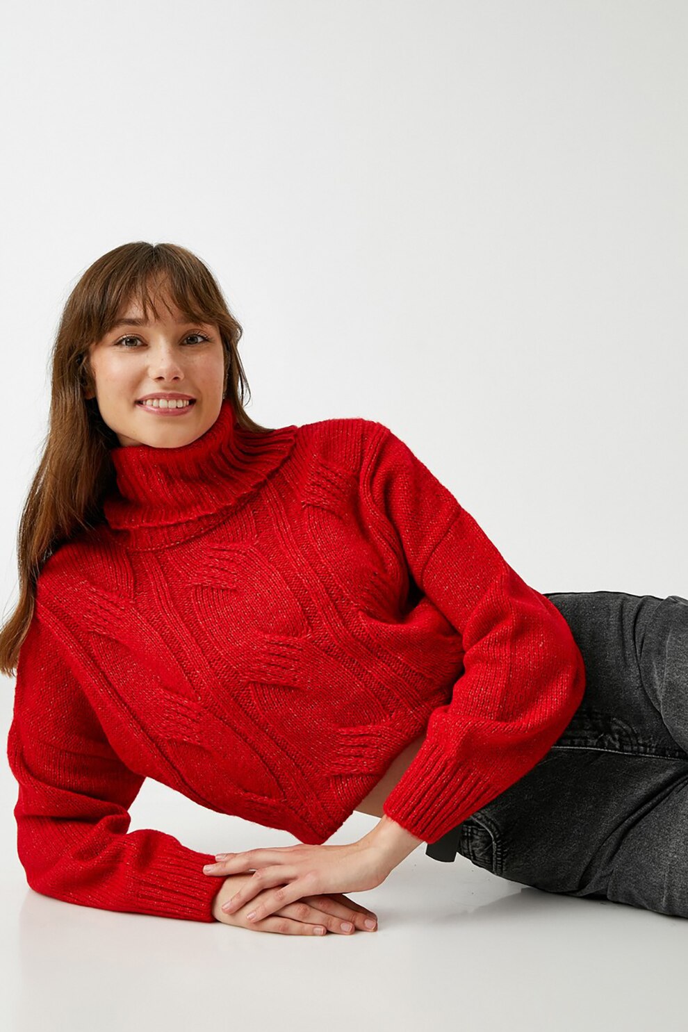 KOTON, Pulover crop cu guler inalt si model torsade, Rosu, XL