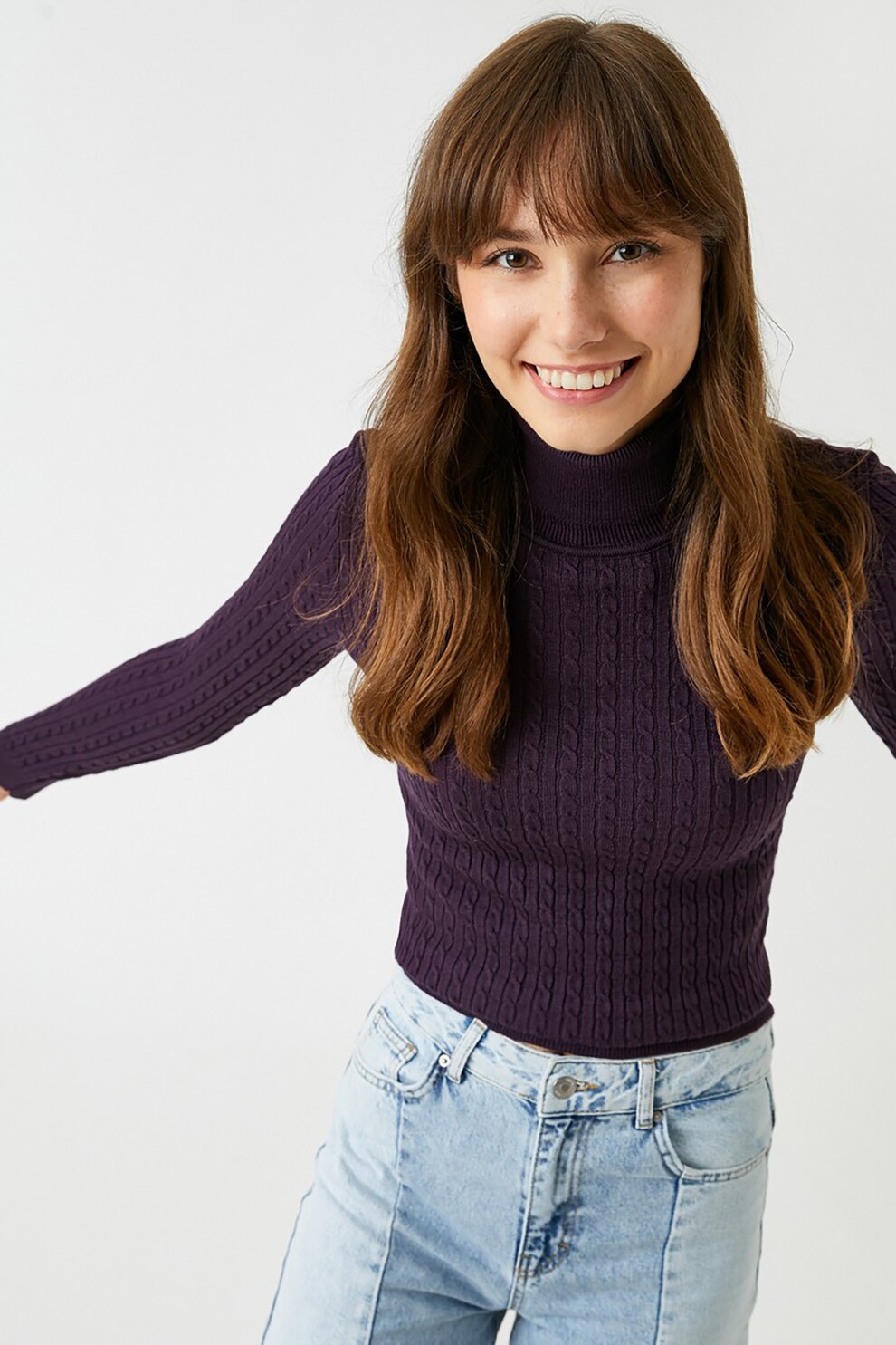 KOTON, Pulover cu guler inalt si model torsade, Mov inchis