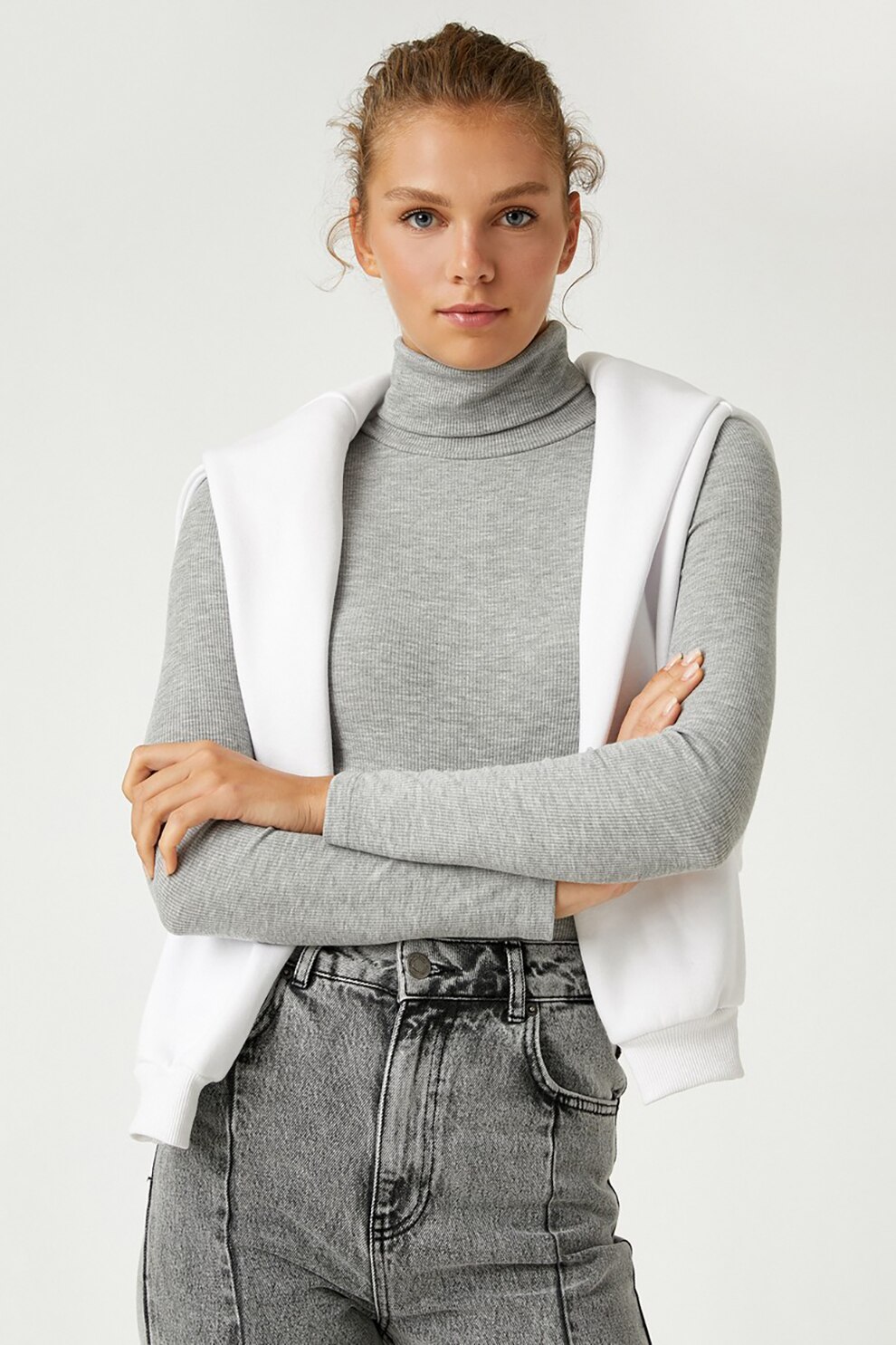 KOTON, Bluza striata cu guler inalt si maneci lungi, Gri deschis melange