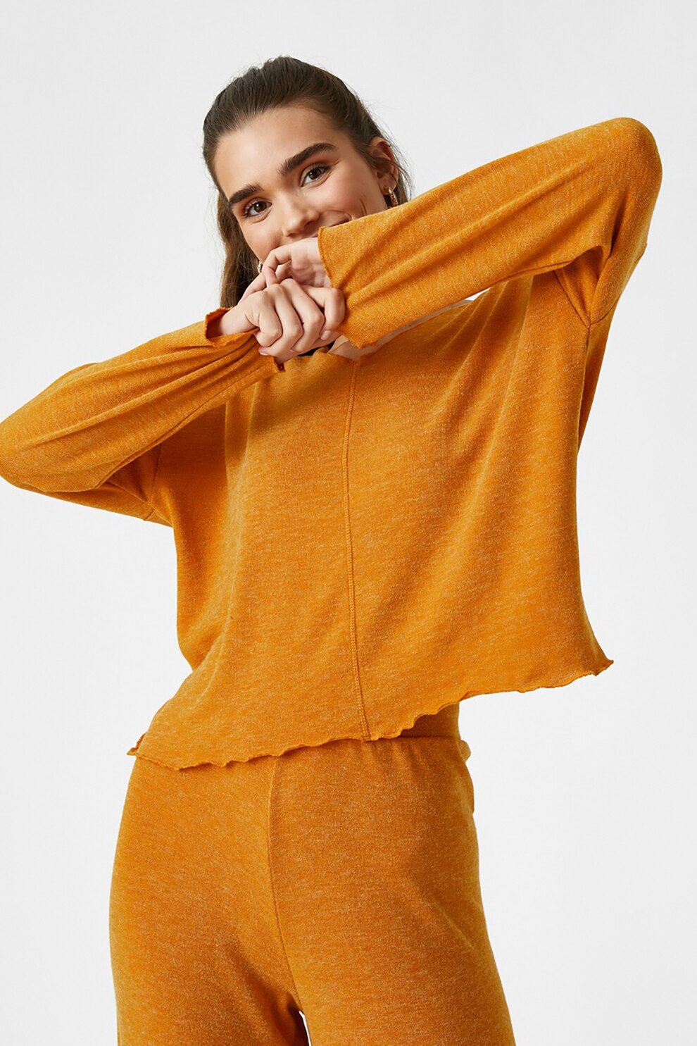 KOTON, Bluza tricotata fin cu decolteu in V, Oranj