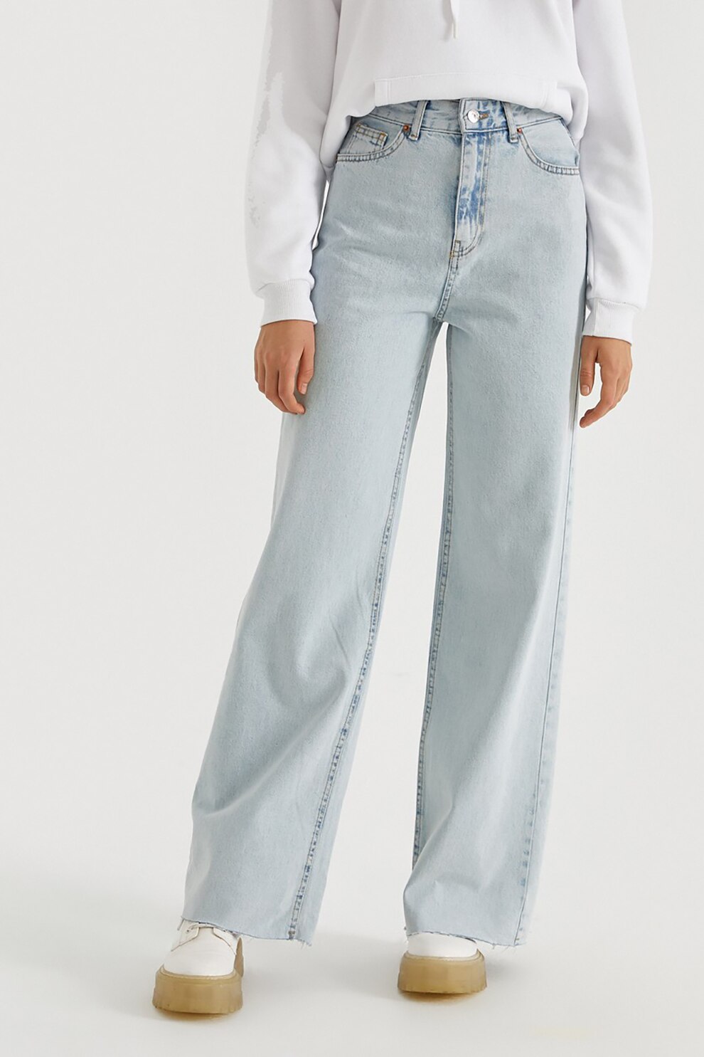 KOTON, Blugi cu croiala ampla si aspect decolorat, Albastru deschis