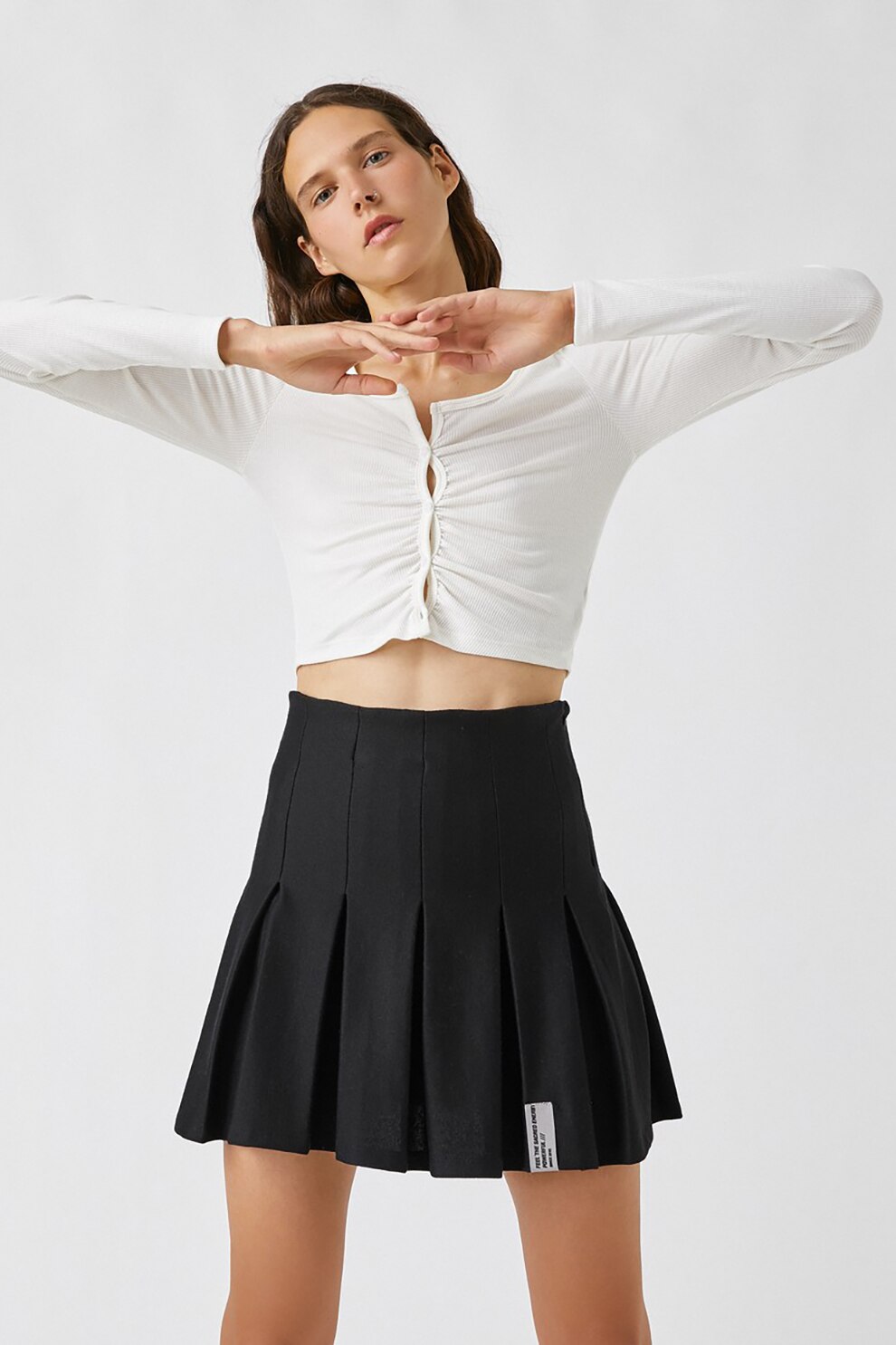 KOTON, Bluza crop cu aspect striat si pliuri pe partea in fata, Alb