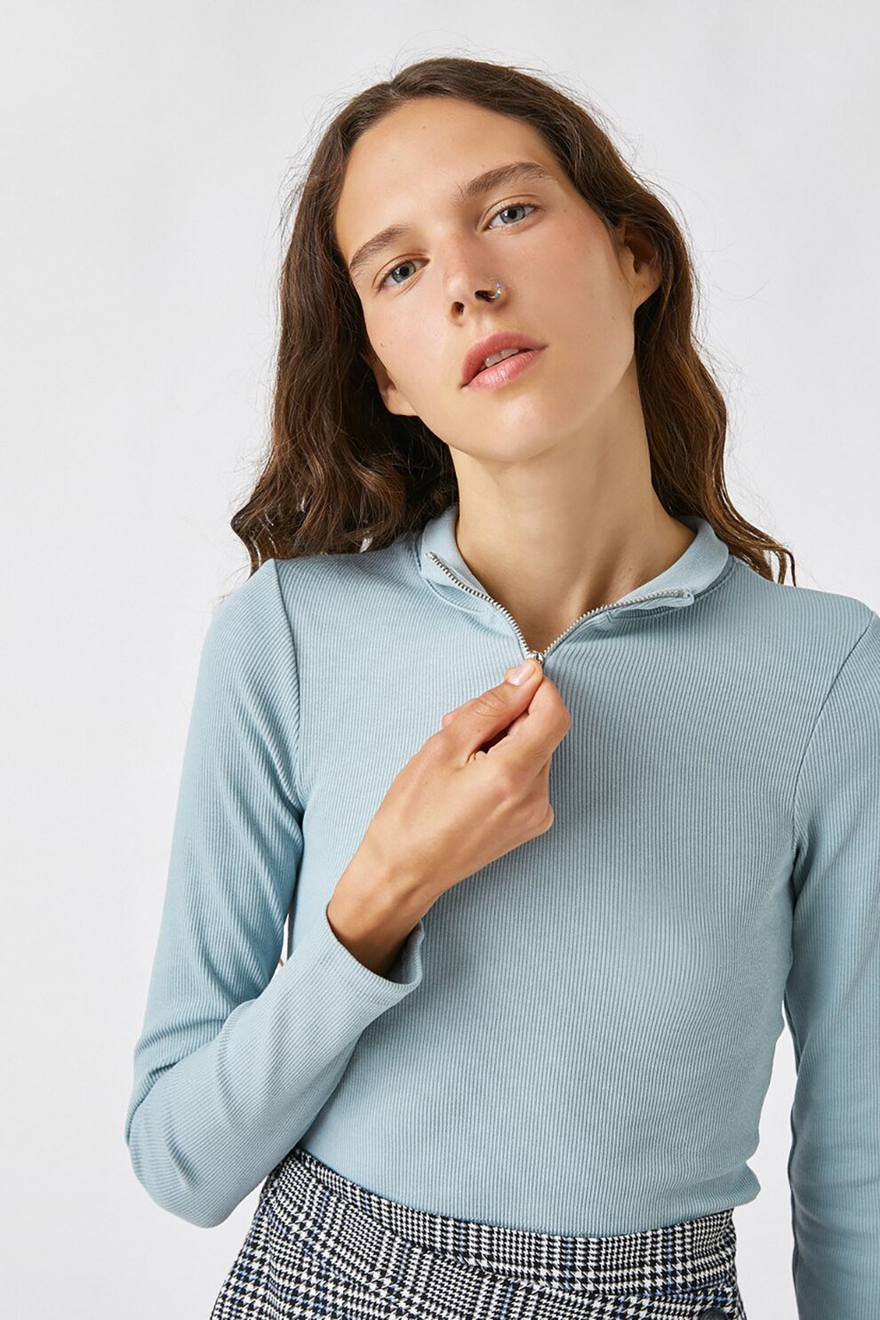 KOTON, Bluza crop cu aspect striat si fenta scurta cu fermoar, Albastru pastel