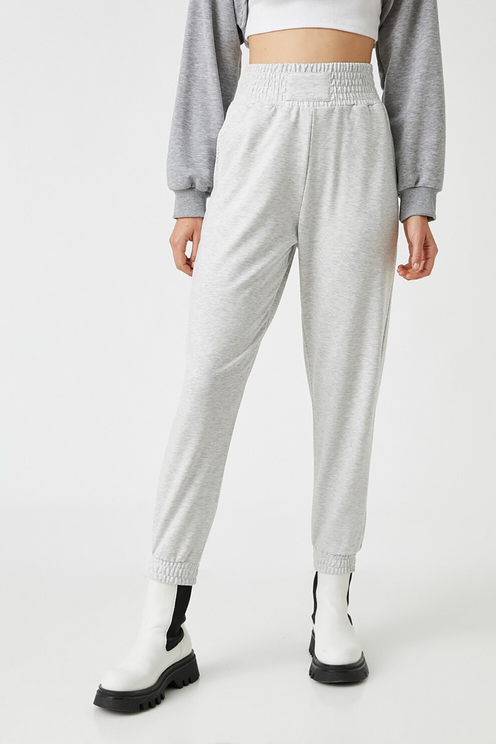 KOTON, Pantaloni sport cu talie inalta si terminatii elastice, Gri deschis melange