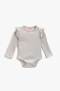 KOTON, Body striat din amestec de bumbac cu detalii cu volane, Gri deschis melange, 74-80 CM KOTON, Body striat din amestec de bumbac cu detalii cu volane, Gri deschis melange, 74-80 CM