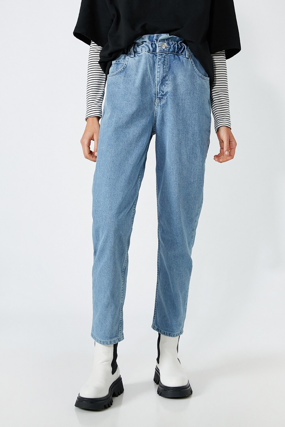 KOTON, Blugi mom fit cu talie inalta, Albastru deschis