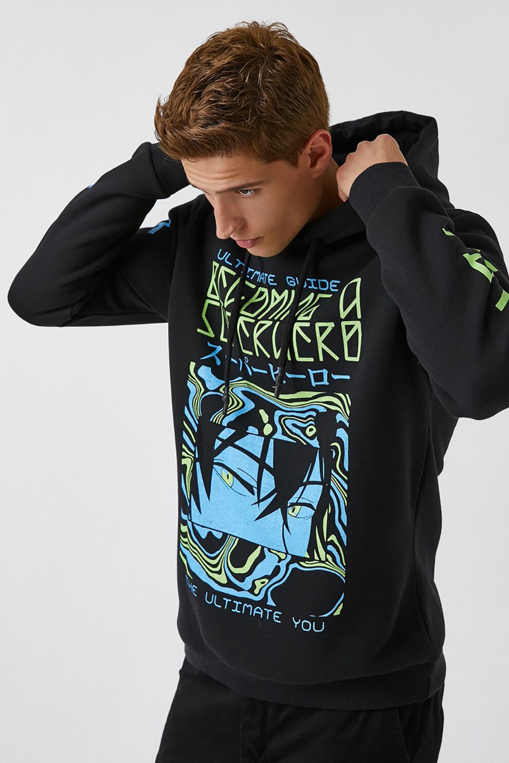 KOTON, Hanorac cu imprimeu grafic, Negru/Albastru/Verde, 2XL