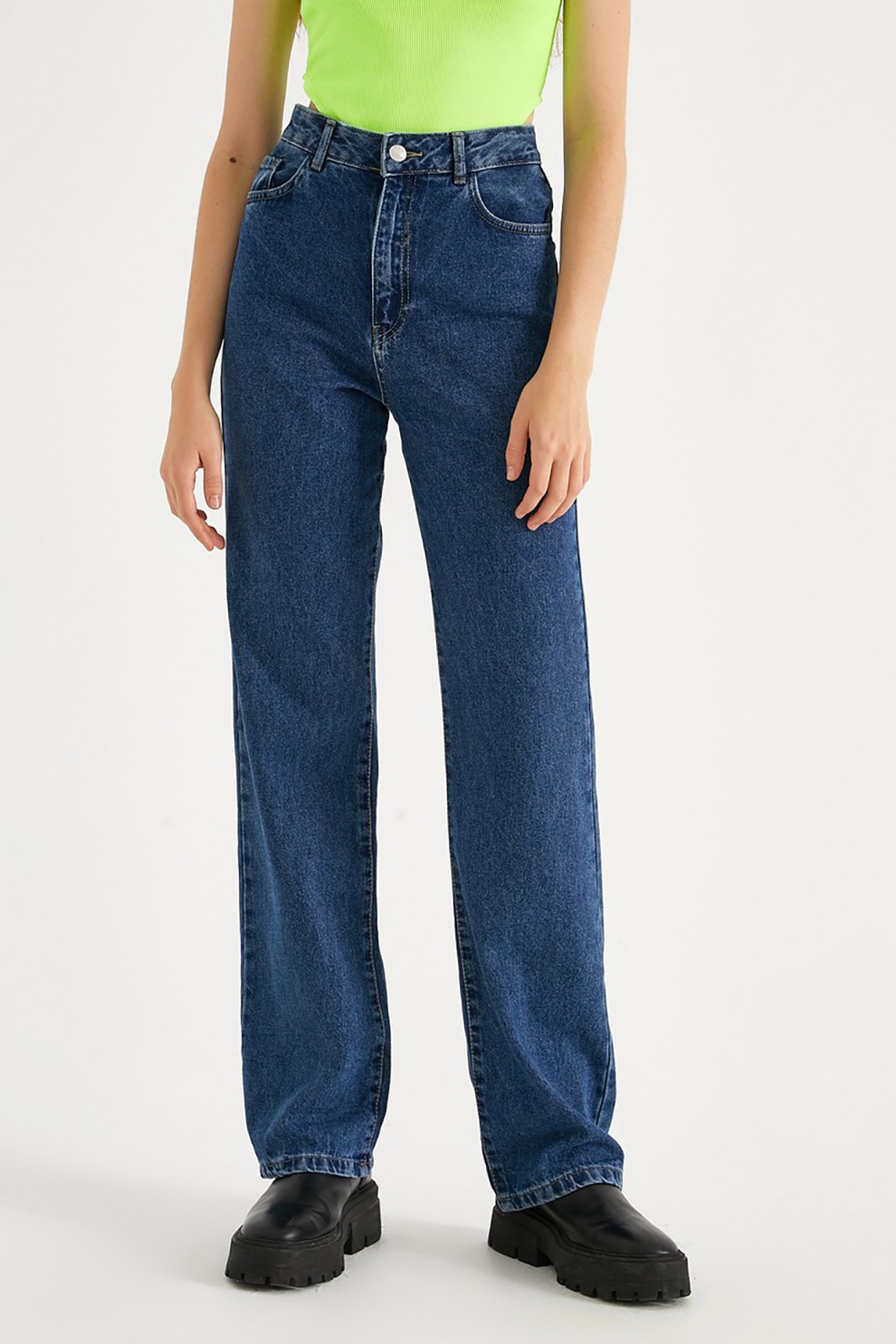 KOTON, Blugi cu croiala dreapta si talie inalta, Albastru inchis