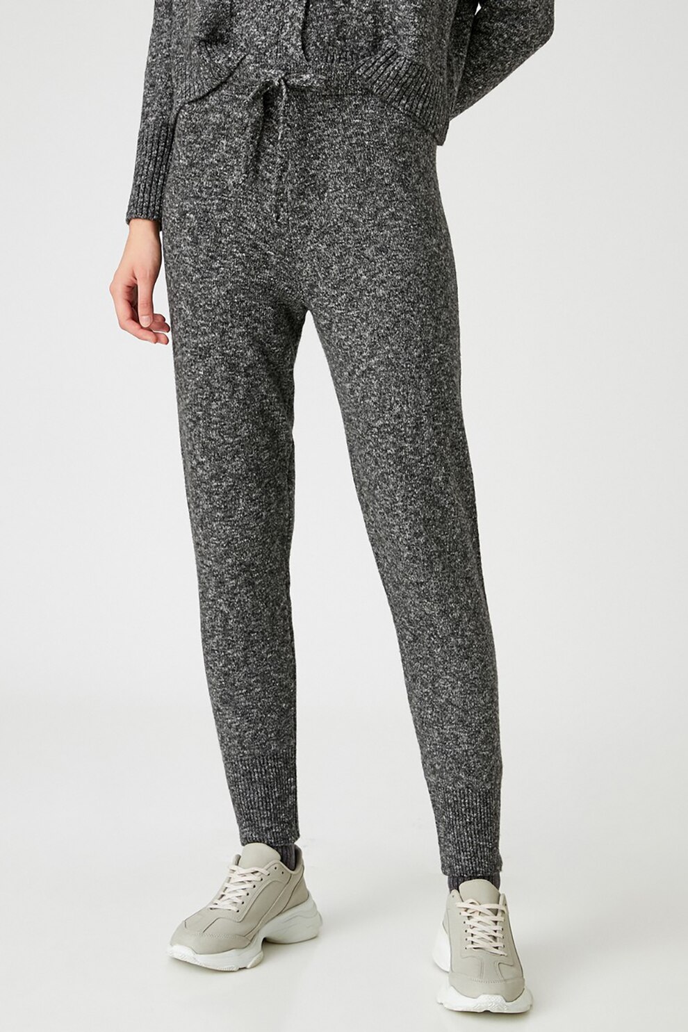 KOTON, Pantaloni jogger tricotati cu talie inalta, Gri inchis melange