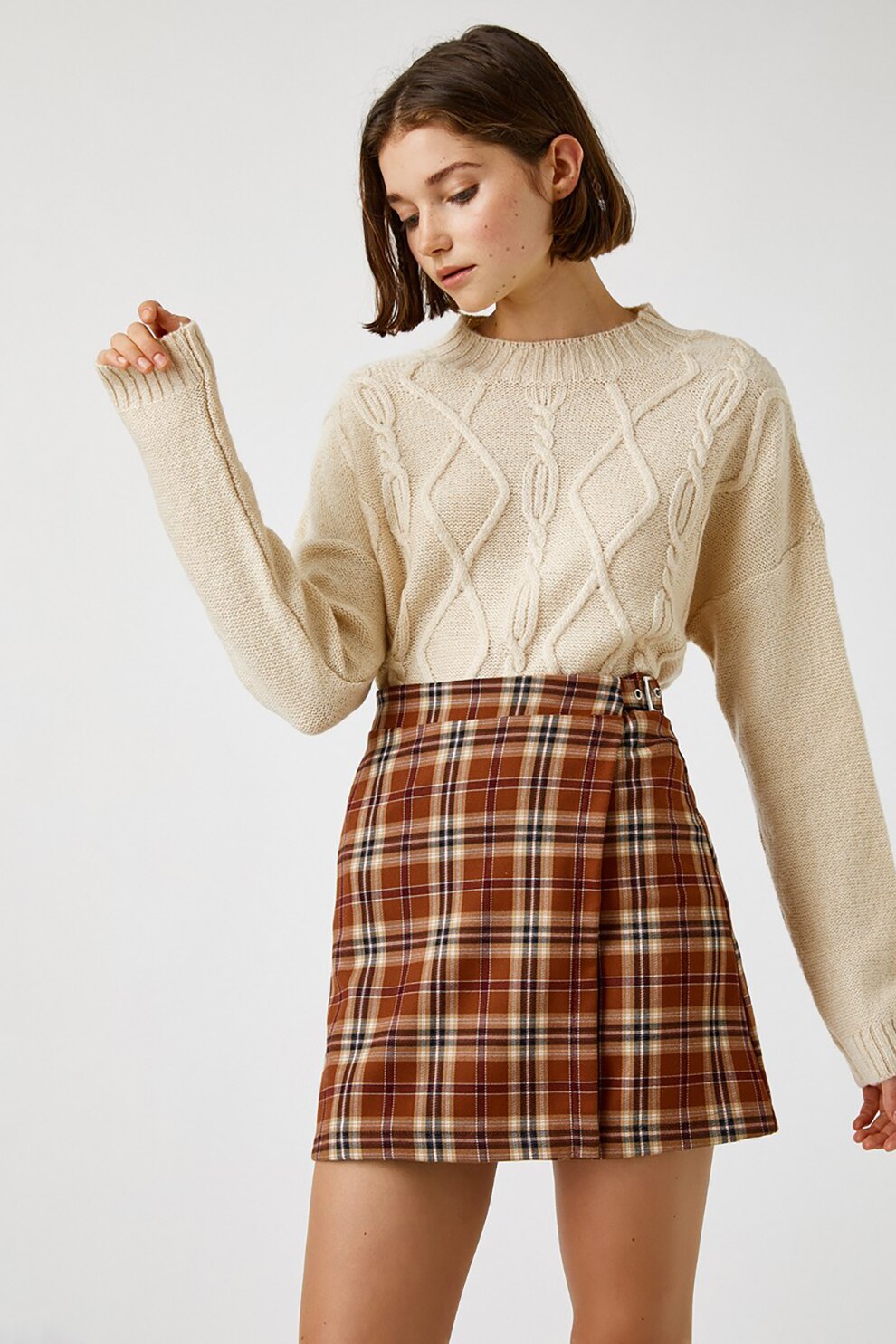 KOTON, Pulover cu maneci cazute si model torsade, Alb prafuit