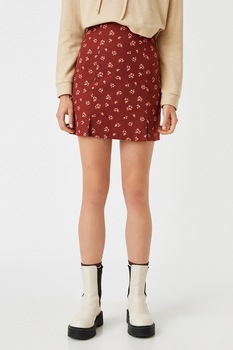 KOTON, Fusta mini cu imprimeu floral si slituri, Maro scortisoara/roz pastel KOTON, Fusta mini cu imprimeu floral si slituri, Maro scortisoara/roz pastel